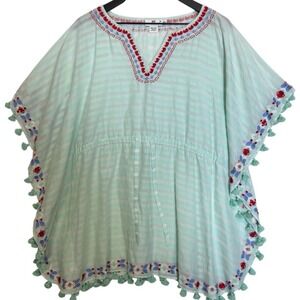 Vineyard Vines Swim Cover Up Kimono Mint Green Red Blue Tassel Beach Resort XS/S
